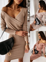 LOVEMI - V-Neck Sexy Mocha Slim Slim Dress