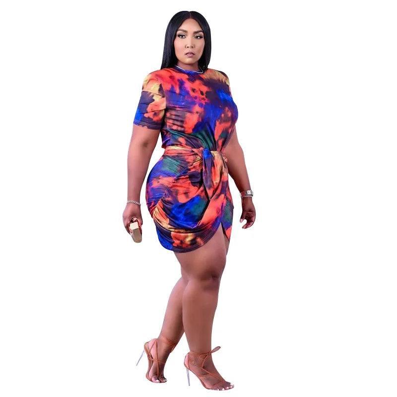 L-4XL women summer clothing 2022 plus size dress fashion tie dye short sleeve irregular mini dresses Wholesale Dropshipping-4