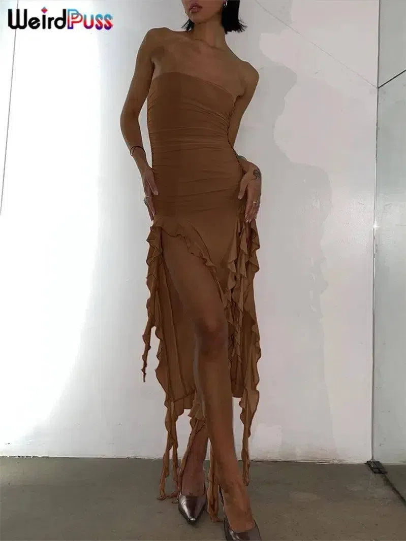 Weird Puss Elegant Strapless Dress Women Irregular Tassel-Brown-8