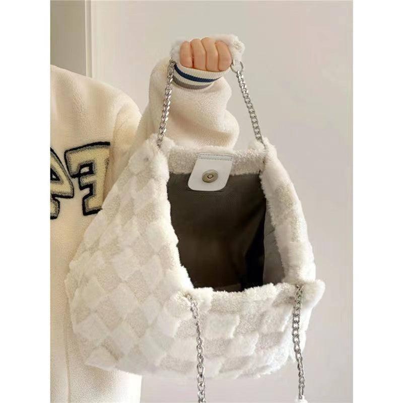 White Plush One Shoulder Bag Casual Tote Bag-4