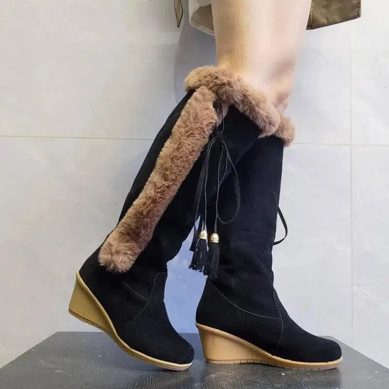 Winter Plush Long Boots For Women Combat Boots Wedges Shoes-Black-6