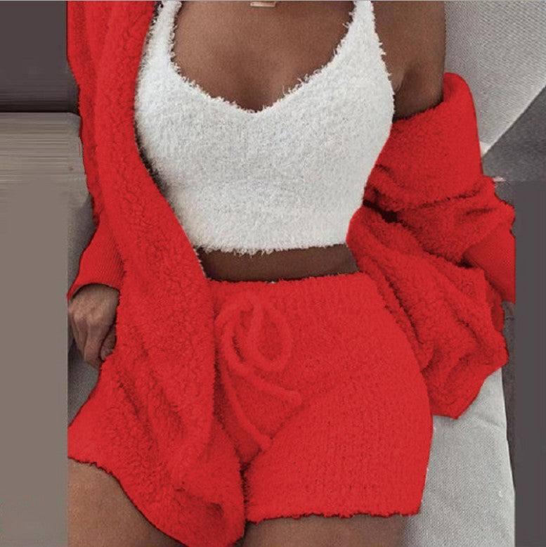 Winter Women Home Wear Suit Casual Pajamas Set Lady Female Soft Warm Long Sleeve Exposed Navel Vest Shorts Set-Big red-10