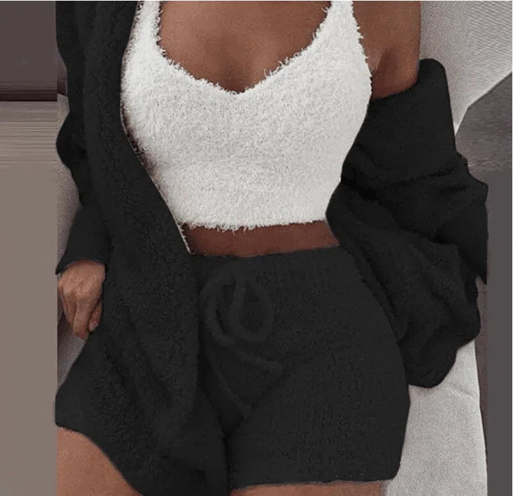 Winter Women Home Wear Suit Casual Pajamas Set Lady Female Soft Warm Long Sleeve Exposed Navel Vest Shorts Set-Black-12