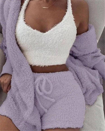 Winter Women Home Wear Suit Casual Pajamas Set Lady Female Soft Warm Long Sleeve Exposed Navel Vest Shorts Set-Light Purple-7