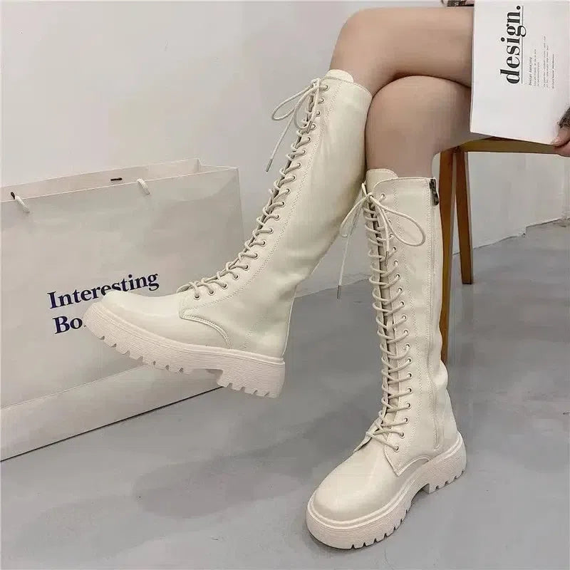 Women All Match Thick Heeled High Top Knight Boots-White-2