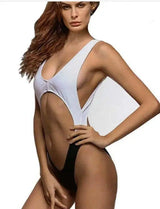 Women Cheeky Deep V Bikini bodysuit one piece swimsuit-Blackandwhite-1