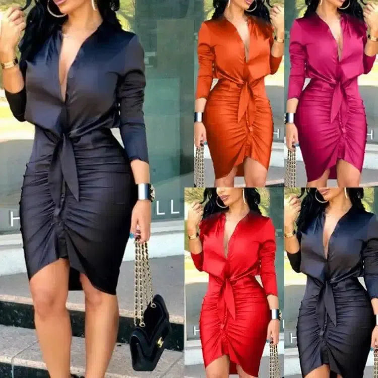 Women Lace-up Solid Color Long Sleeve Midi Dress Shirt Dress-1