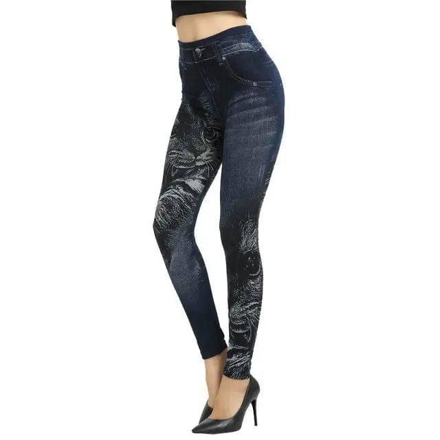 Women Leggings Plus size Faux Denim Jeans Leggings-Navyblue-2