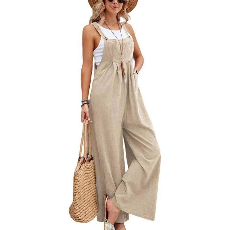 Women Long Bib Pants Overalls Casual Loose Rompers Jumpsuits With Pockets-Khaki-10