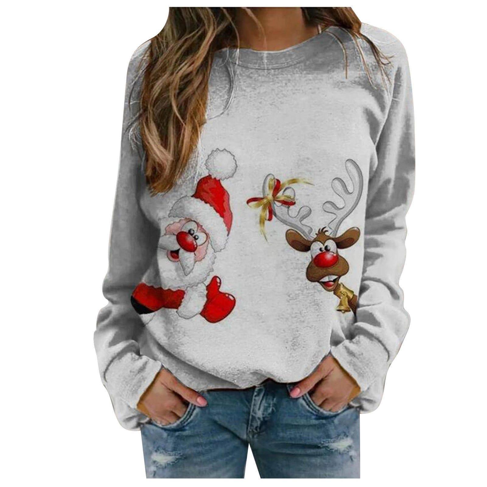 Women Loose Christmas Print Fleece Sweater-Santa Claus-3