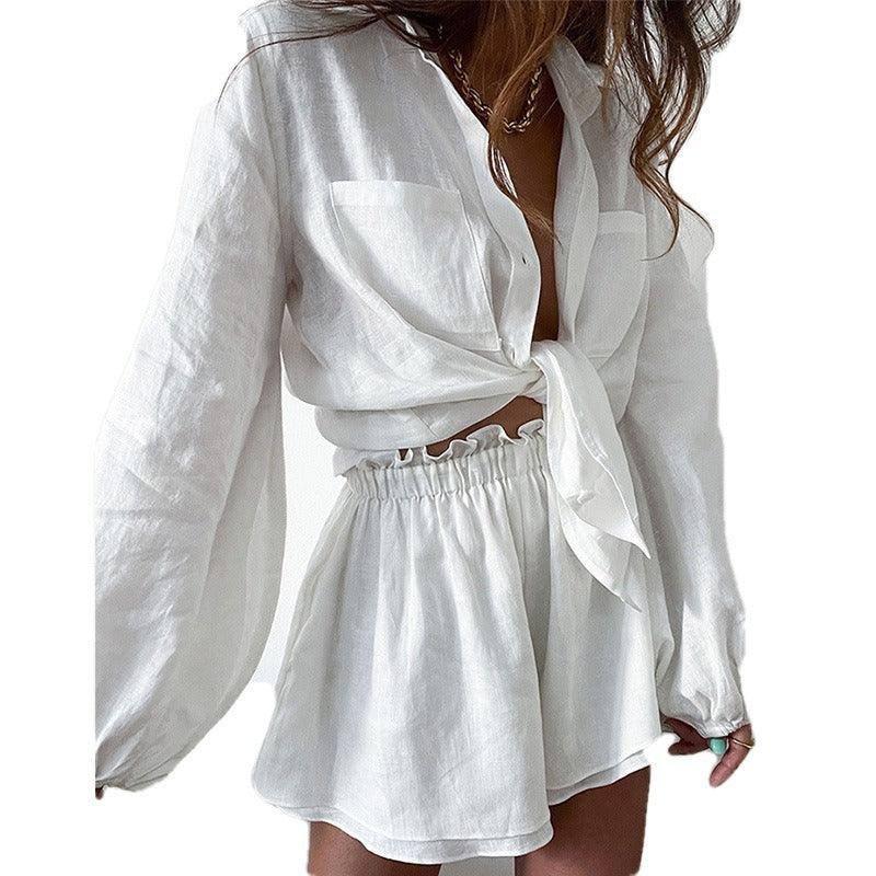 Women's casual fashion solid color ruffled edge shorts shirt-1