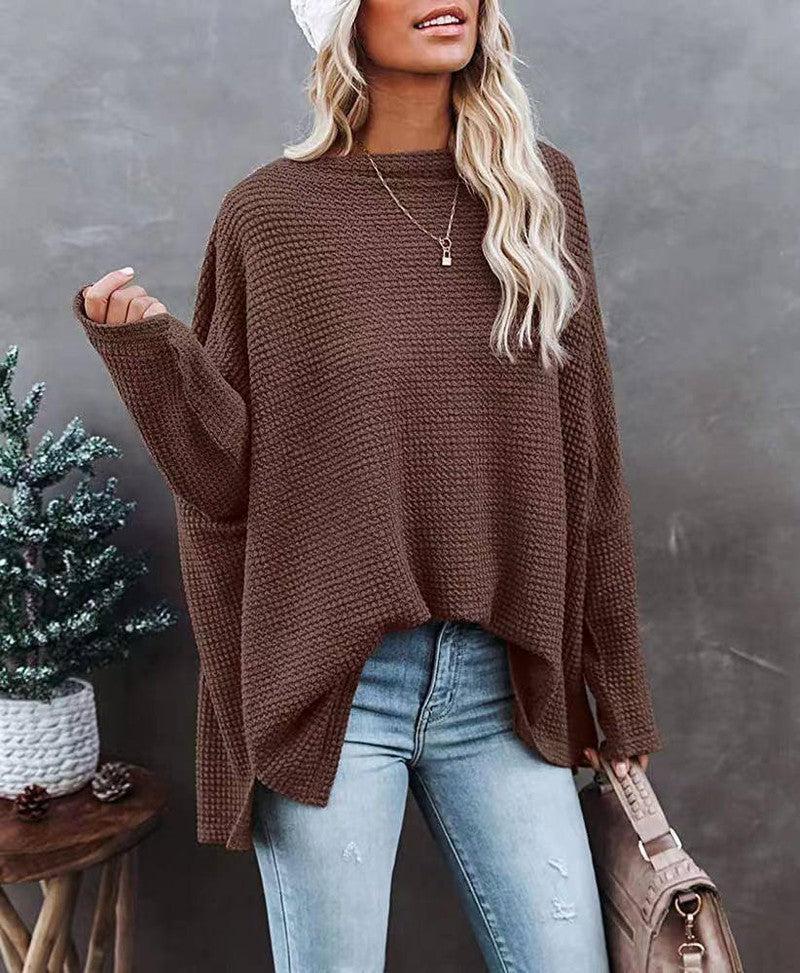 Women's Casual Off-the-shoulder Batwing Long Sleeve Pullover-Brown-3