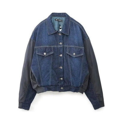 Women's Casual Patchwork Denim Pilot Jacket Coat-Color Matching-7