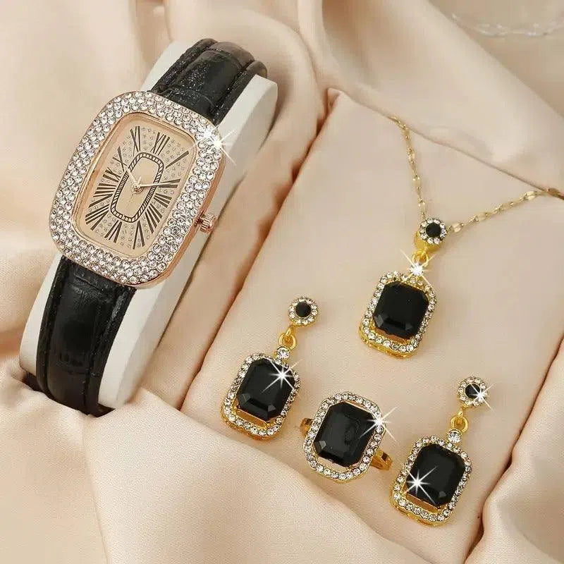 Women's Fashion All-match Diamond Belt Quartz Watch 4-piece Set-14