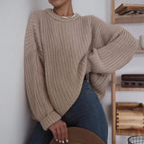 Women's Fashion Casual Simple Thick Needle Long Sleeve Round-Khaki-1