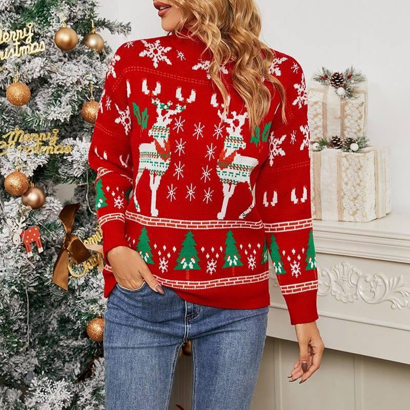 Women's Fashion Simple Deer Snowflake Christmas Sweater-Red-7