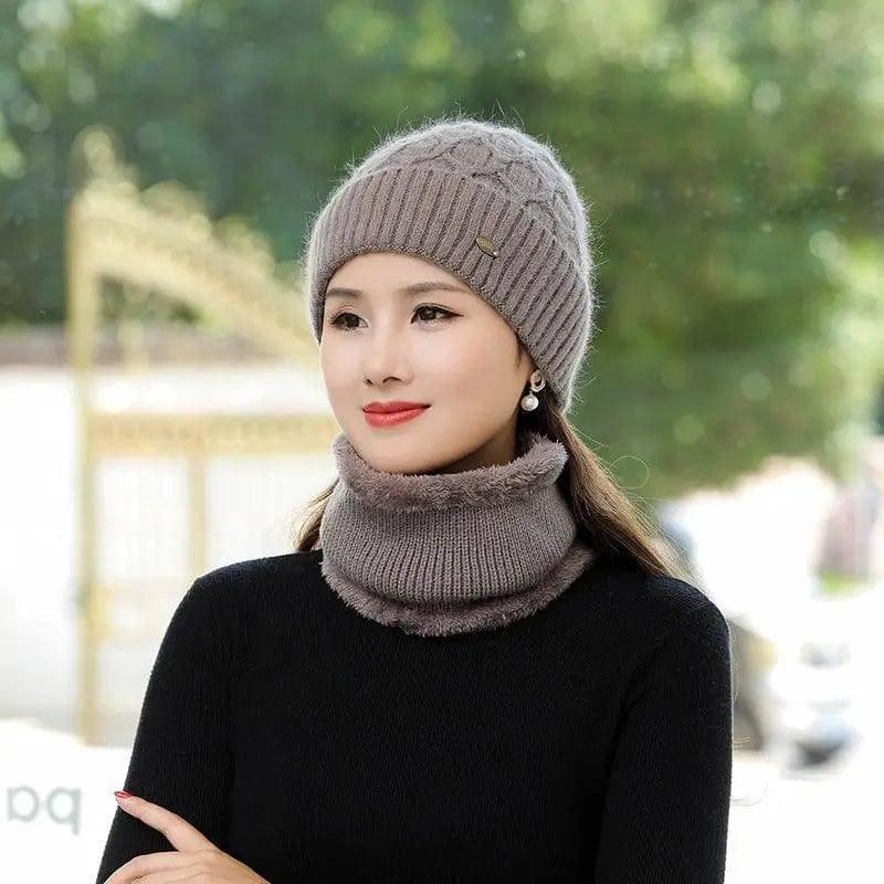 Women's Fleece Warm Wool Hat Scarf Suit-Khaki-1