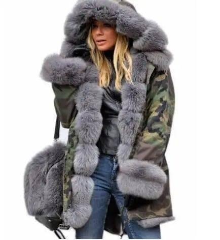 Women's fur collar coat-Army green grey-2