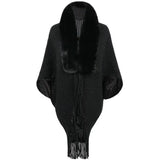 Women's Fur Collar Tassel Shawl Knitted-Black-6