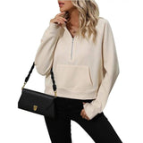 Women's Half Zip Pullover Hooded Sweatshirt Fleece Short-Apricot-2