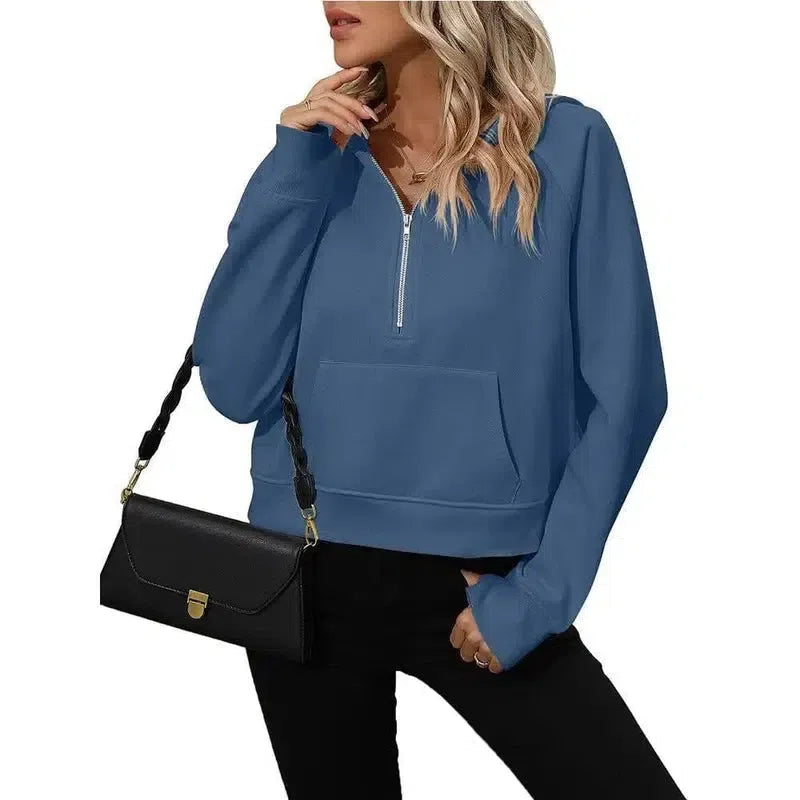 Women's Half Zip Pullover Hooded Sweatshirt Fleece Short-Dark Blue-5