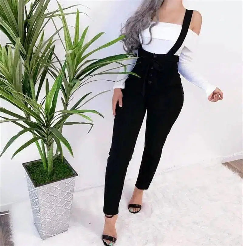 Women's high waist casual jumpsuit suspenders-Black-16