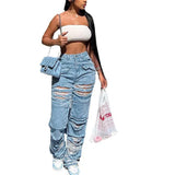 Women's High Waist Zipper Straight Ripped Jeans-2