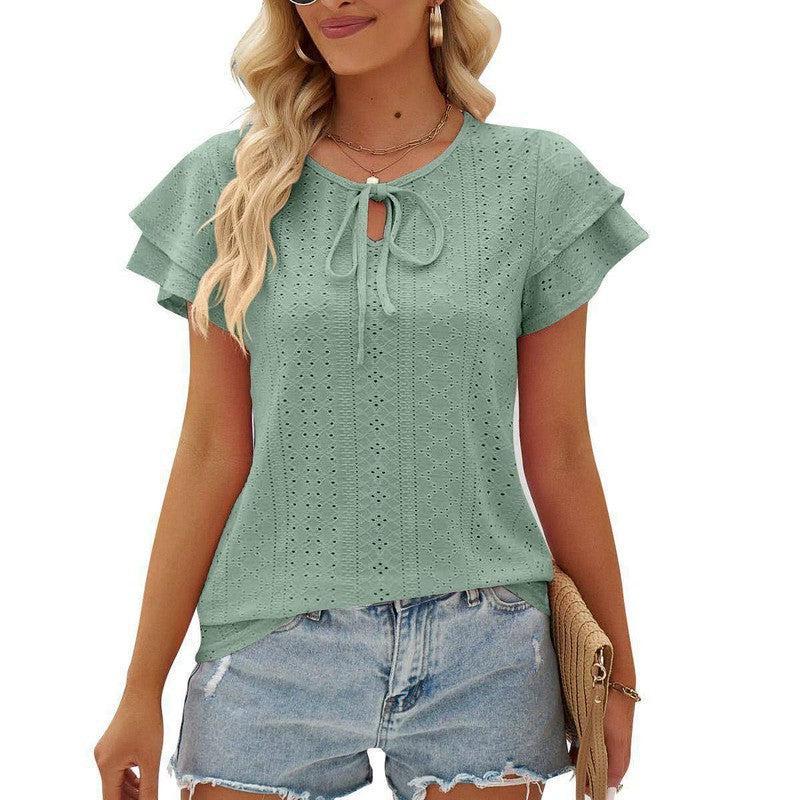 Women's Hole Hollow-out Lace-up Double-layer Sleeve Top-10