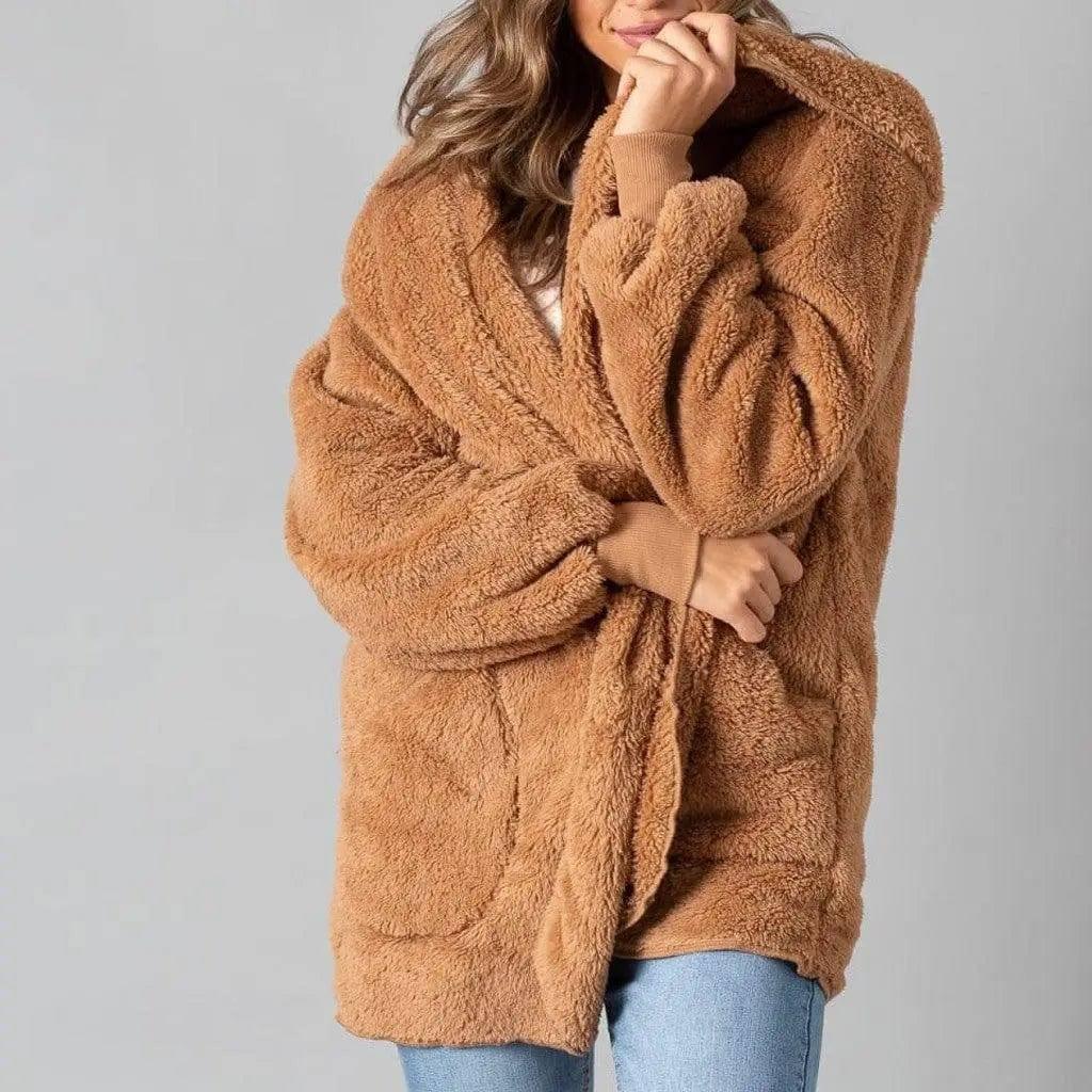 Women's hooded plush coat-Brown-2