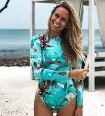 Women's Long Sleeve Printed Swimsuit-Blueblooming-4