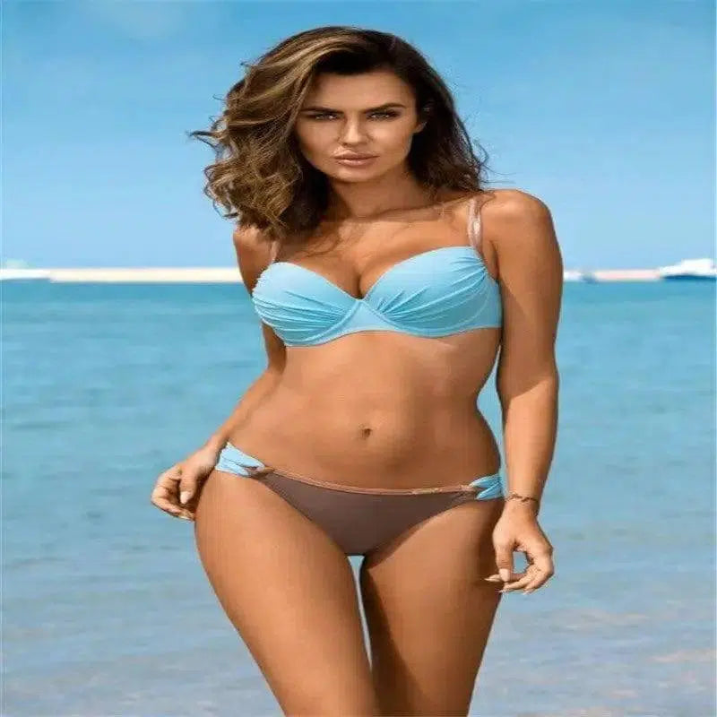 Women's Multicolor Gathered Large Size Bikini Split Swimsuit-SkyBlue-7