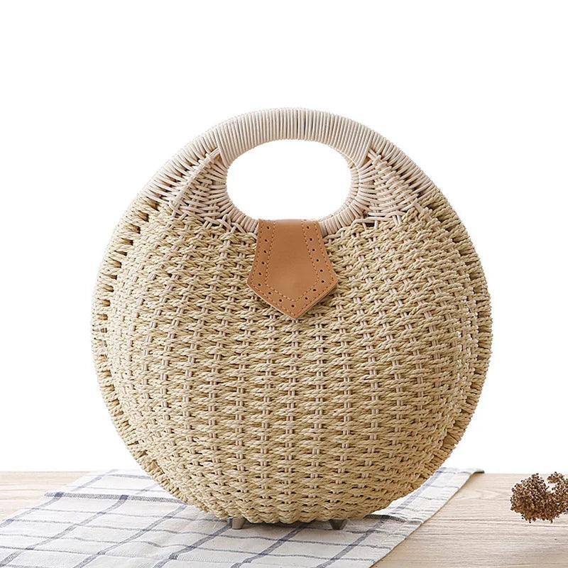 Women's Natural Rattan Handwoven Round Shell Handbag-3