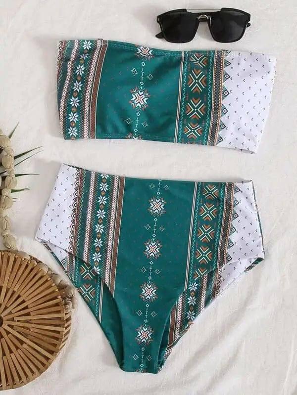 Women's Printed Bikini Split Tie High Waist Swimsuit-Green-9