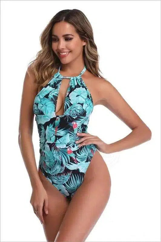 Women's printed one-piece swimsuit-Blackgreenleaves-1