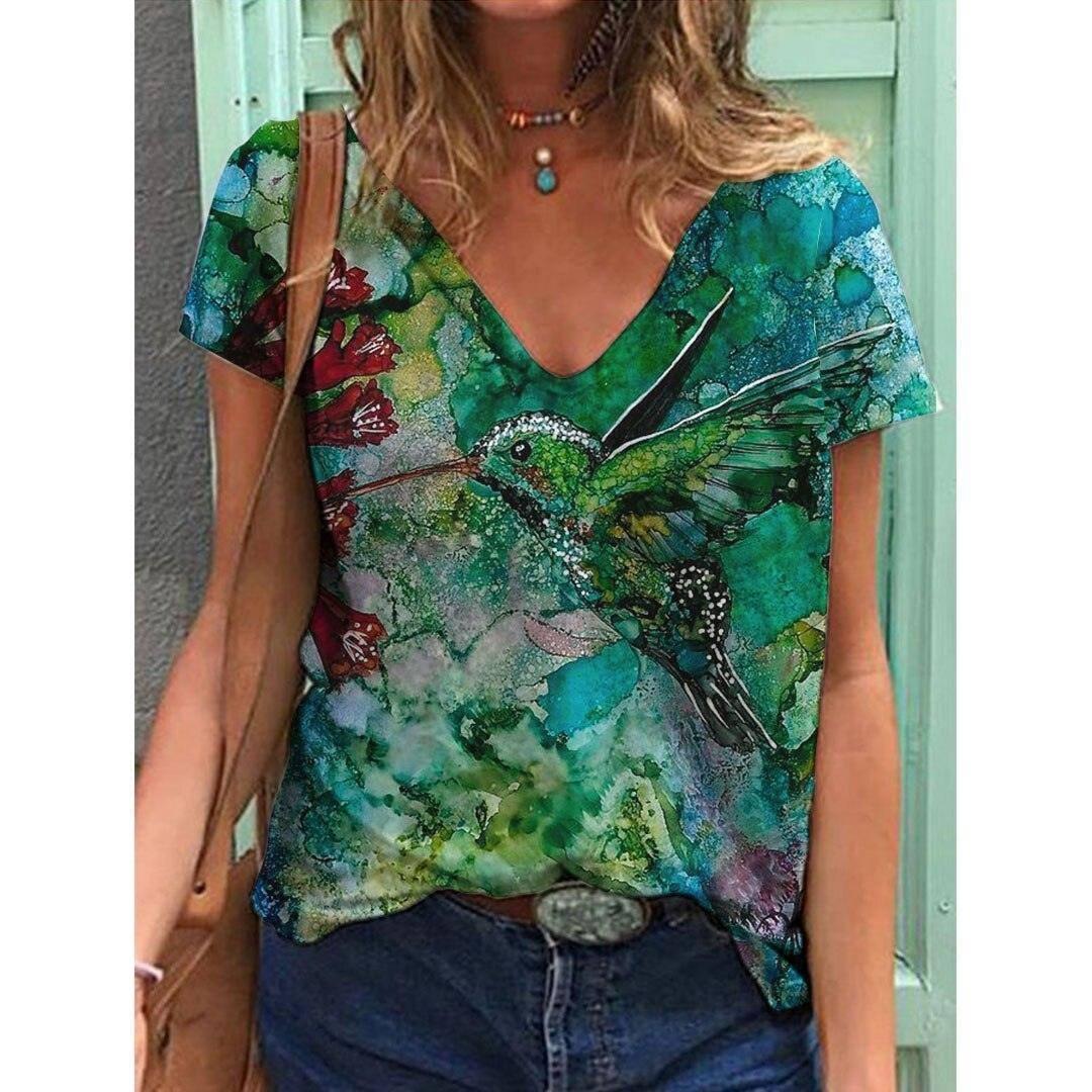 Women's Printed Short-sleeved T-shirt V-neck Loose Top-Style 2-3