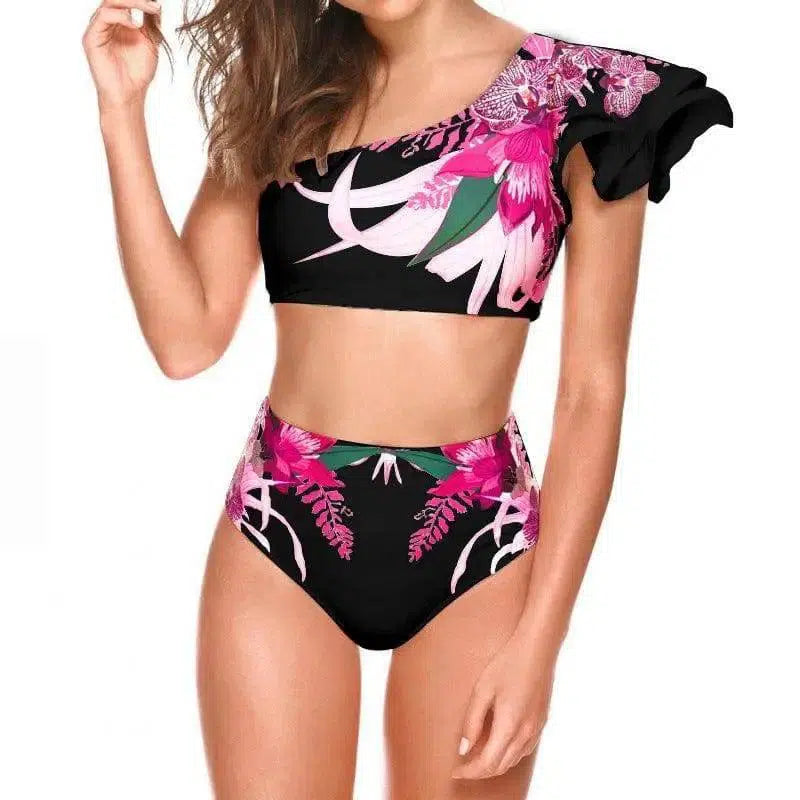 Women's Two-piece Swimwear Floral Print Swimsuit Bikini-Black-10