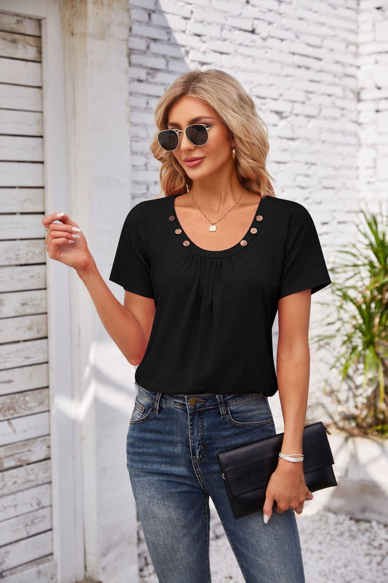 Women's Short-sleeved T-shirt Summer Button Square Collar-Black-2