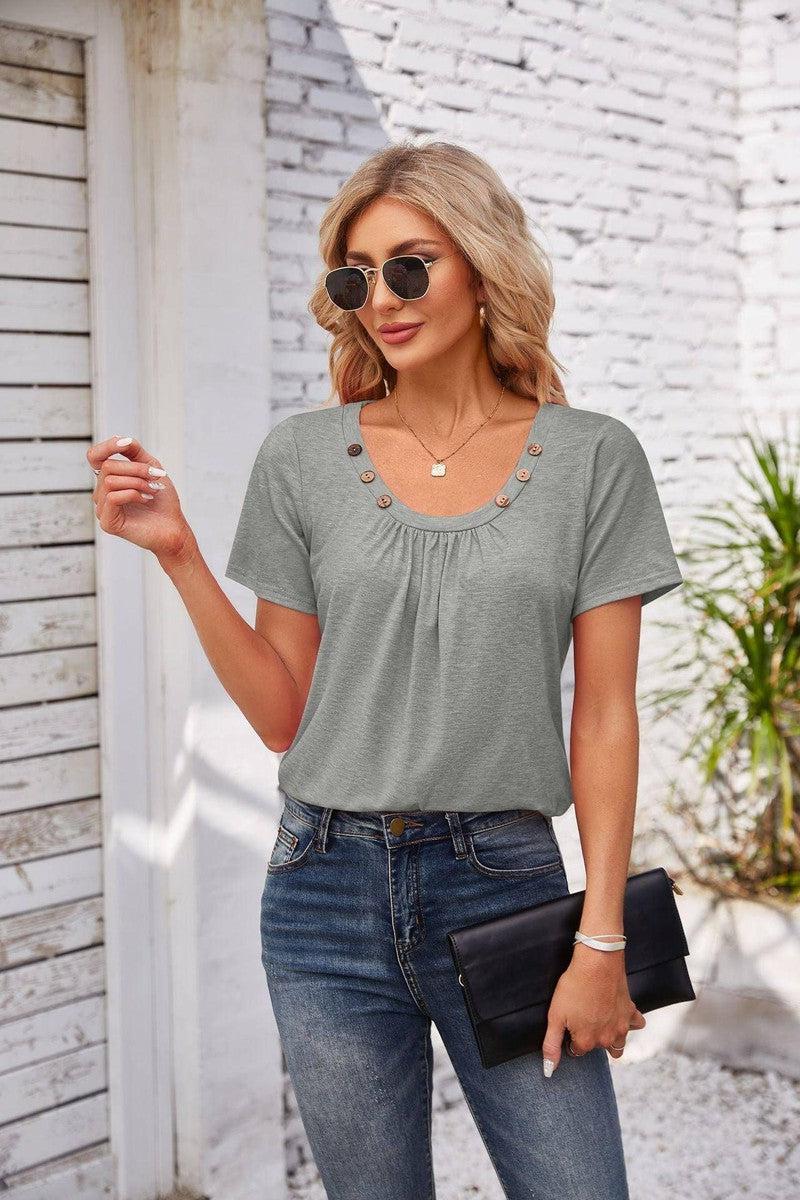 Women's Short-sleeved T-shirt Summer Button Square Collar Pleated Design Solid Color Loose T-shirt Womens Clothing-Grey-7