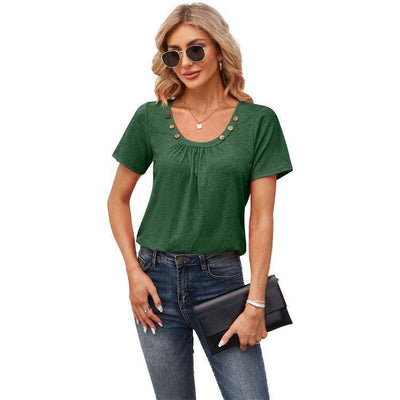 Women's Short-sleeved T-shirt Summer Button Square Collar Pleated Design Solid Color Loose T-shirt Womens Clothing-9