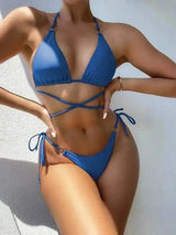 Women's Solid Color Bandage Split Swimsuit Bikini-Blue-7