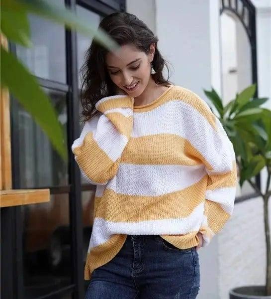 Women's sweater women's striped colorblock sweater-Yellow-12