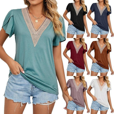 Women's Temperament Fashion Lace V-neck Short-sleeved Tops-1