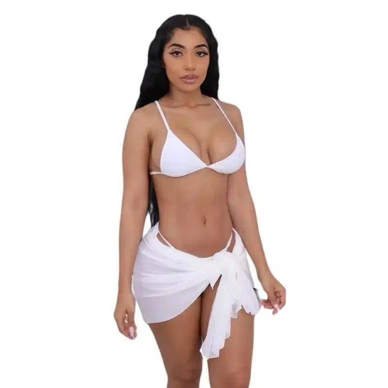 Women's Three-piece Halter Vest Swimsuit Skirt-White-3