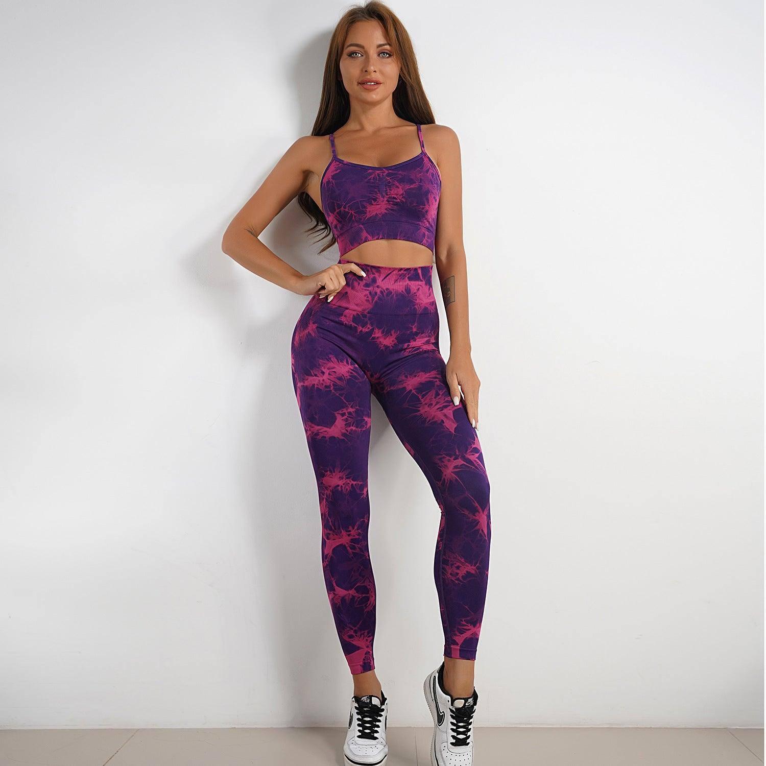 Women's Tie-dye Print Yoga Suit Women Fitness Sports High-Purple red trousers suit-10