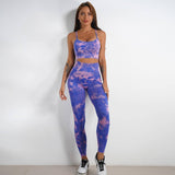 Women's Tie-dye Print Yoga Suit Women Fitness Sports High Waist Trousers Or Shorts Set-Blue pink trousers suit-8