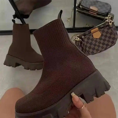 Women Sock Boots Platform Chunky Heels Shoes-Brown-7