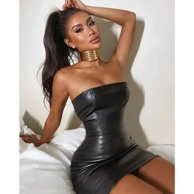 Women Summer Sexy Party Strapless Bodycon Pu Leather Slim-4