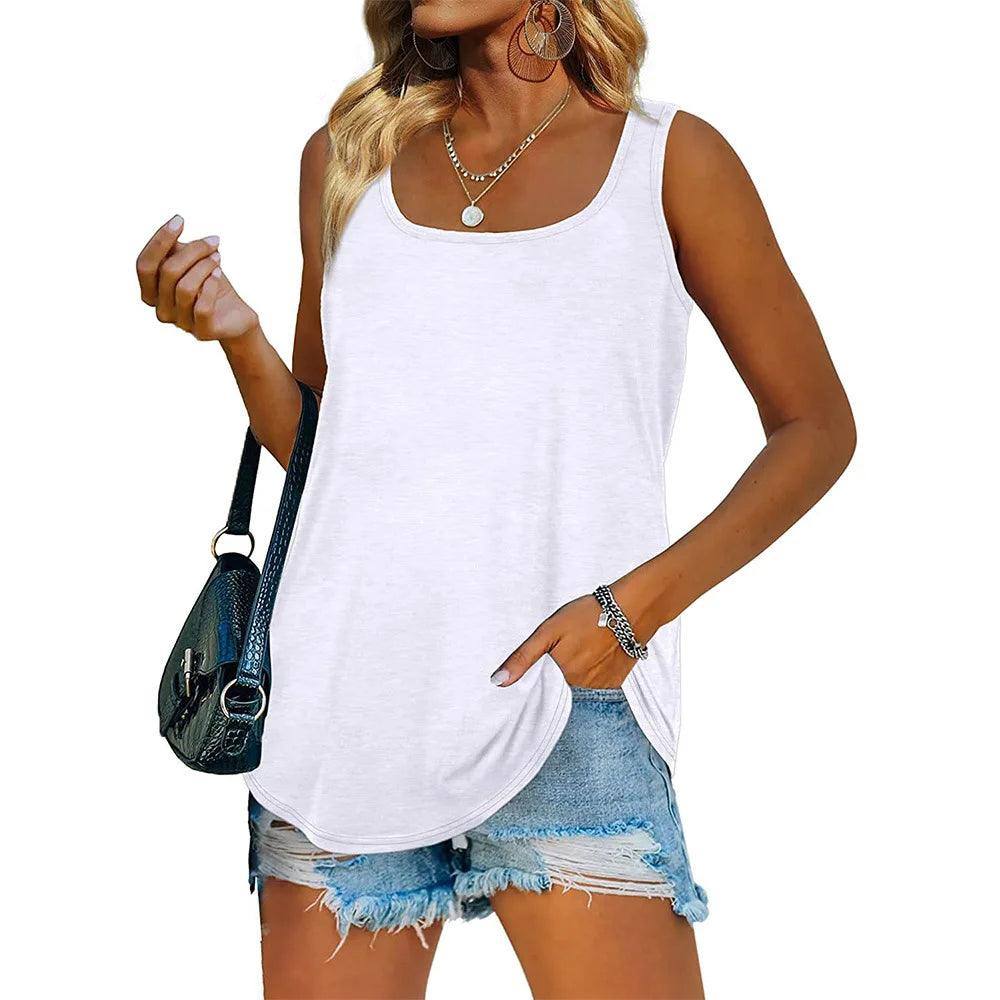 Womens Tank Tops U Neck Dolphin Hem Casual Flowy Summer-WHITE-2