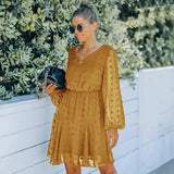 Women's V-neck Long-sleeved Dress-Turmeric-3