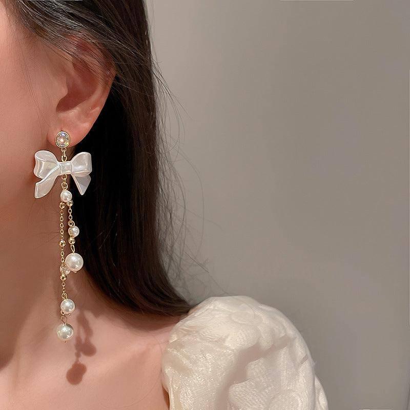 Zircon Pearl Bowknot Tassel Earrings Super Fairy Lady-4